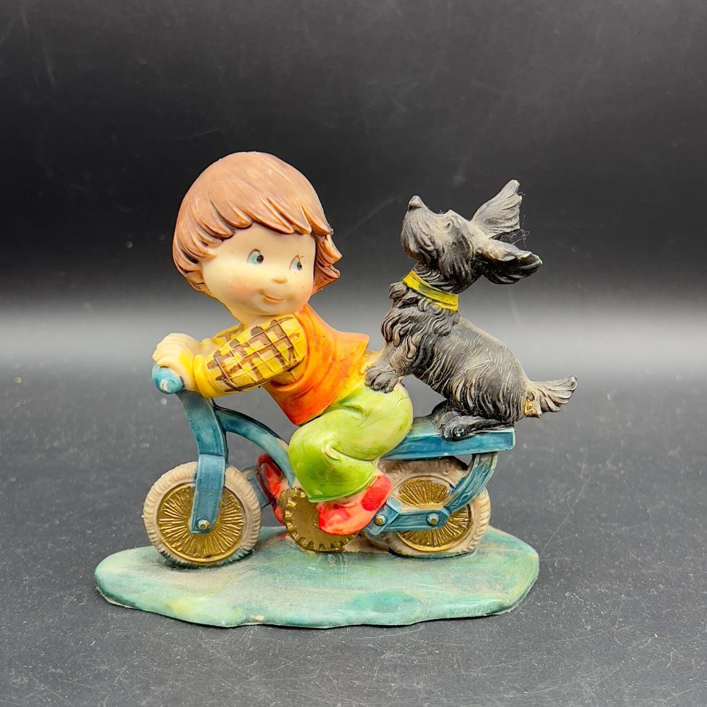 Boy‎ on Bike With Terrier Scottie Puppy Dog Figurine ~ Italy ~ Vintage
